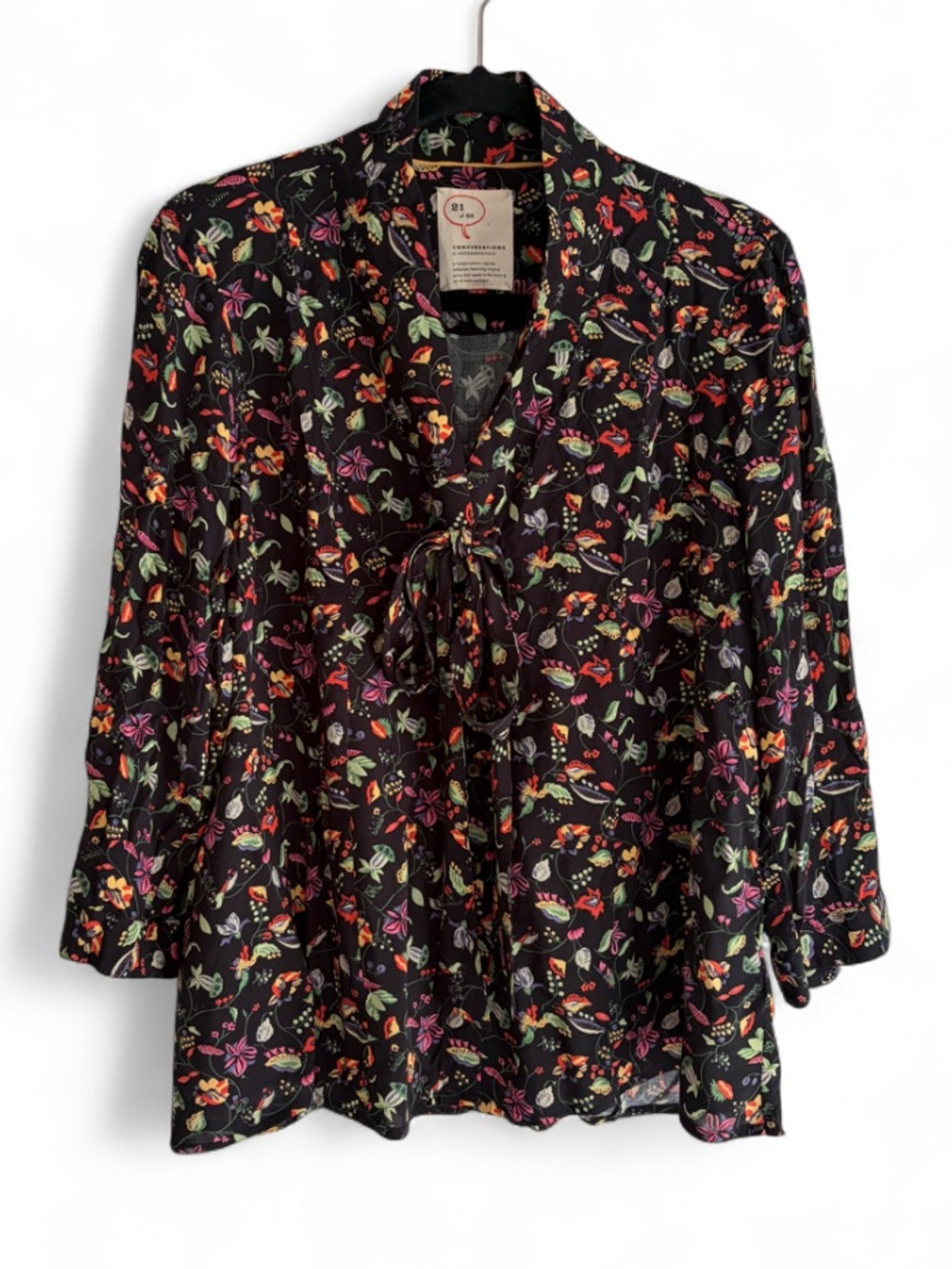 21 of 52 Anthropologie Black Floral Tie Neck Blouse Size 12